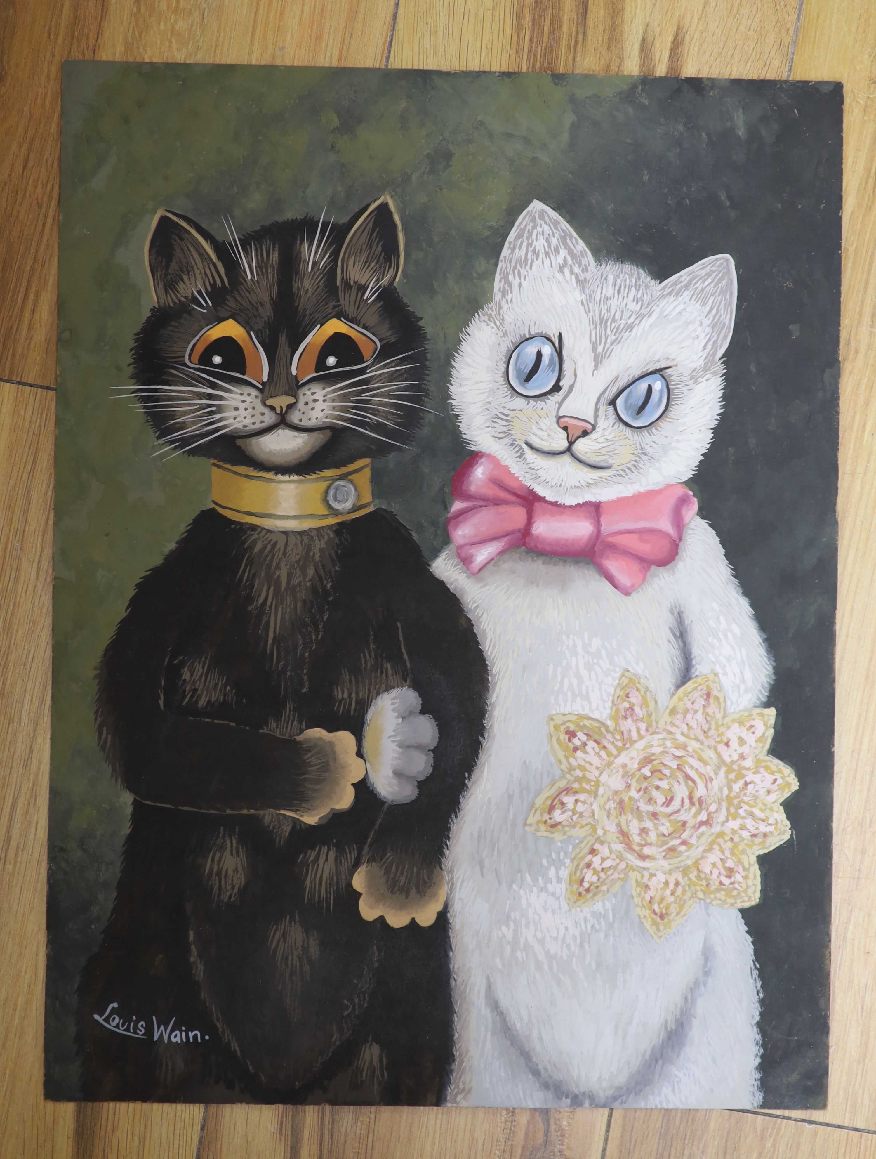 After Louis Wain, gouache, Cat bride and groom, bears signature, 41 x 31cm, unframed